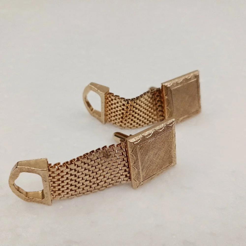 Vintage Textured Square Gold Tone Mesh Wrap Around Cufflinks Can Be Monogramed